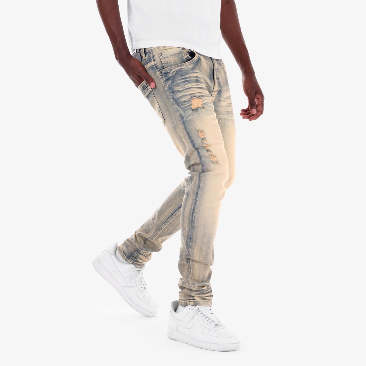Copper Rivet Whisker Jeans - Distressed
