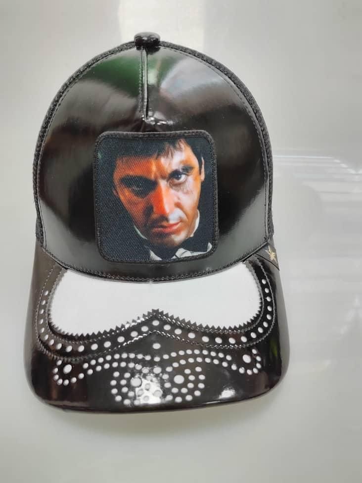 Gold Star Style Scar Face Black Glossy Trucker Hat