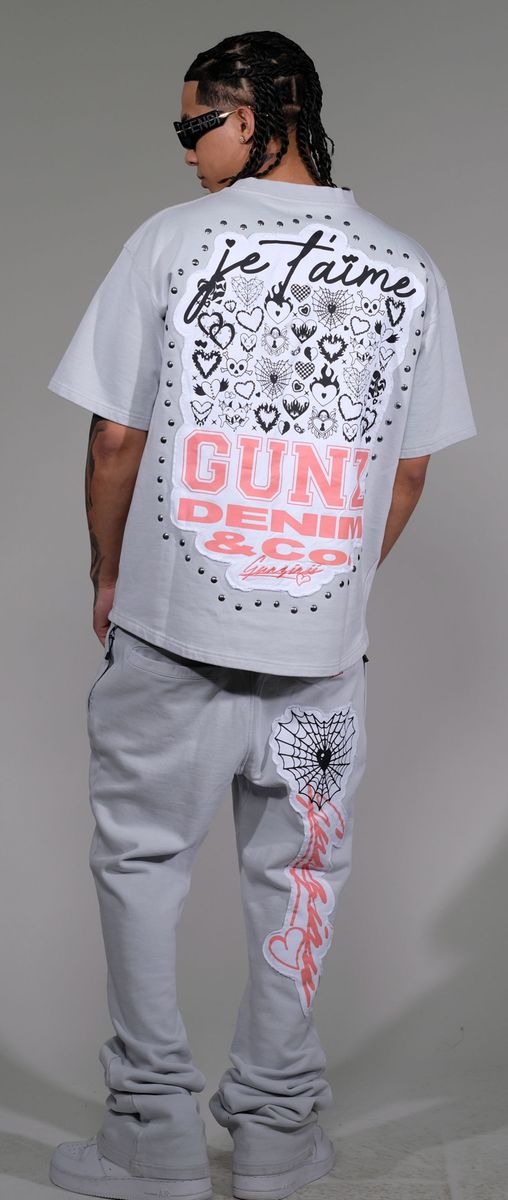 Gunz Denim Script Graphic Stacked Pants – Light Grey