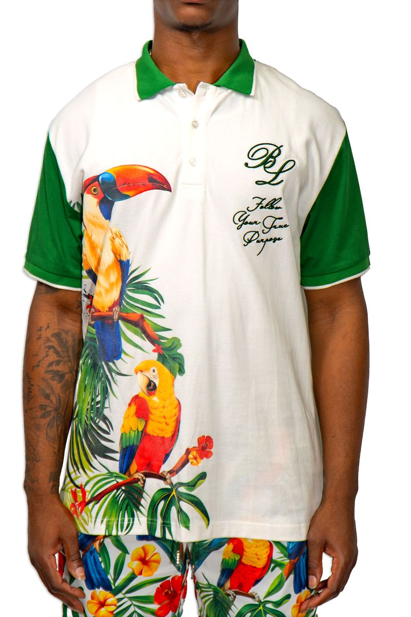 Black Leaf "Paradise Vibes" Polo Shirt - Parrot Graphic