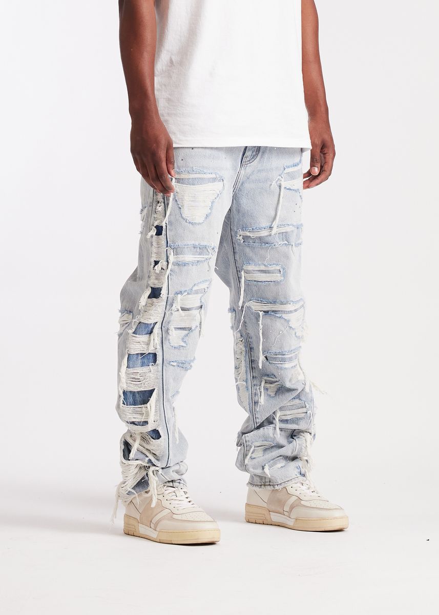 Embellish Shatter Fit Baggy Denim Jeans - Light Wash