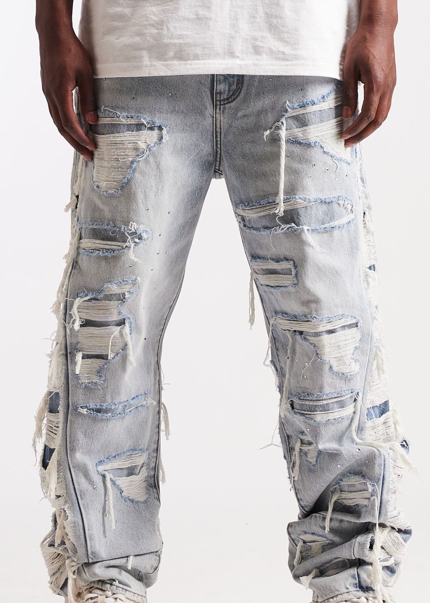 Embellish Shatter Fit Baggy Denim Jeans - Light Wash
