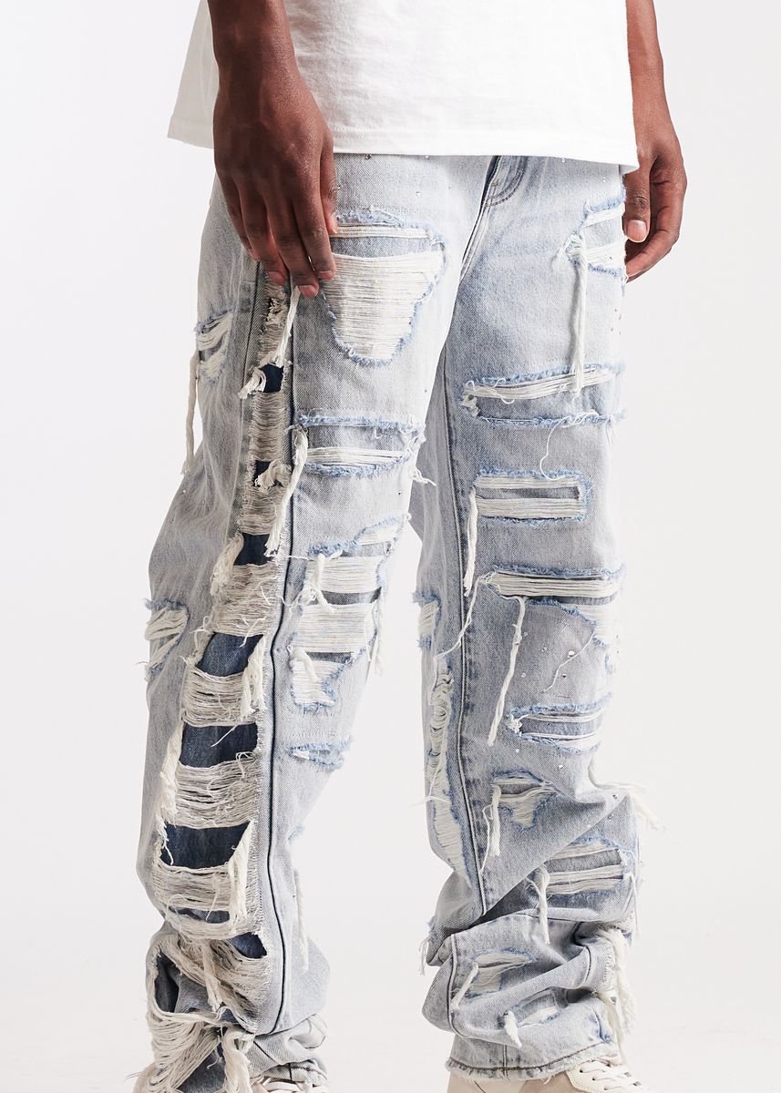 Embellish Shatter Fit Baggy Denim Jeans - Light Wash