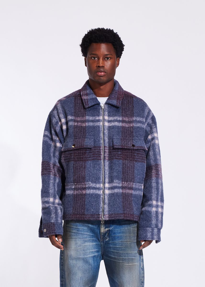 Crysp Blue Plaid Mohair Shacket Men's - Warm and Stylish