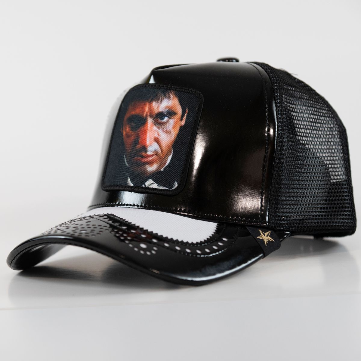 Gold Star Style Scar Face Black Glossy Trucker Hat