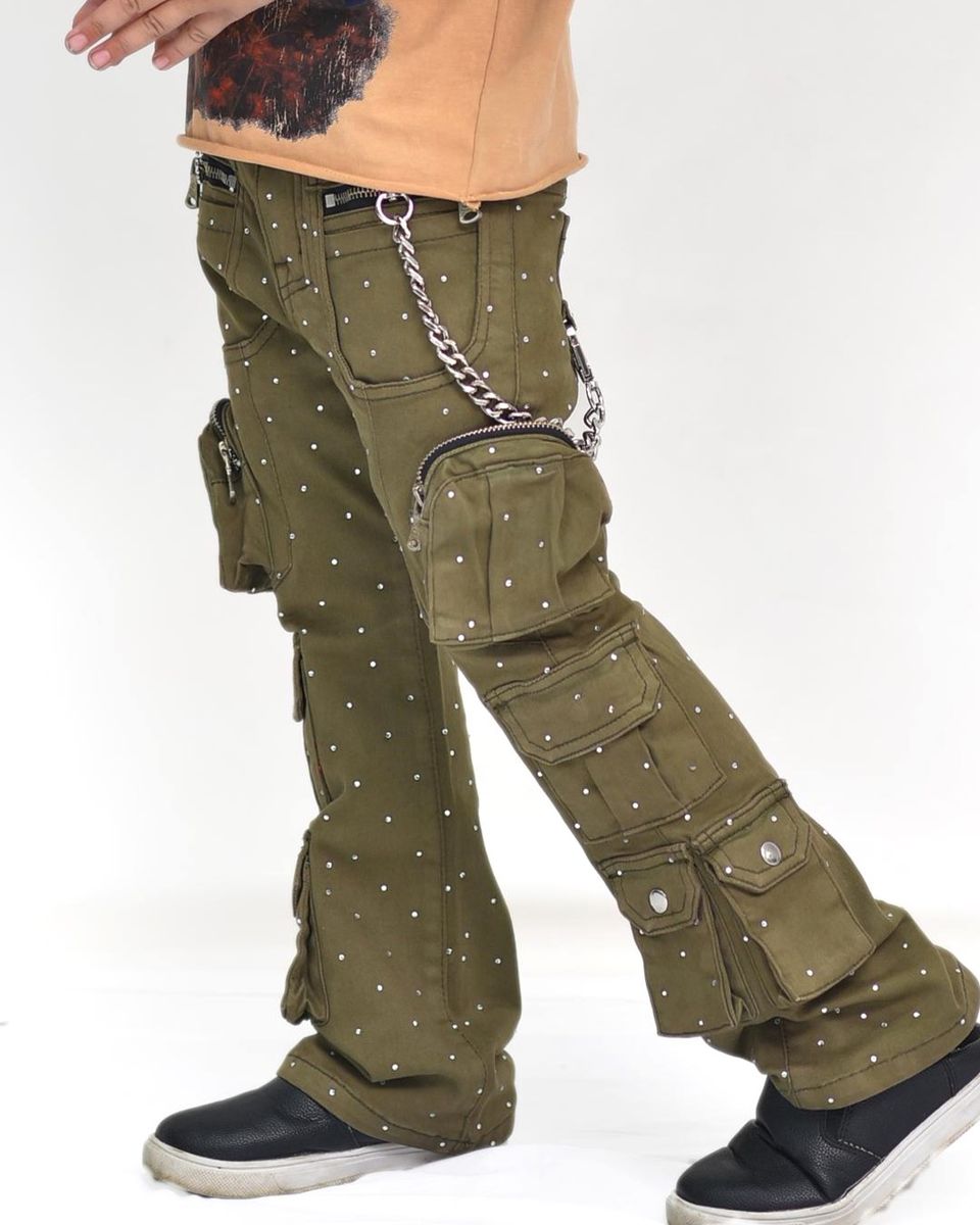 Elite Premium Cuban Link Chain Kids Jeans - Olive Color