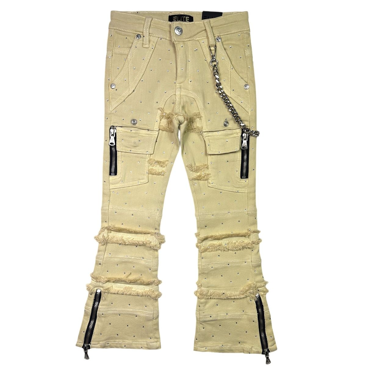 Elite Premium Youth Rhinestone+Chain Jeans - Beige