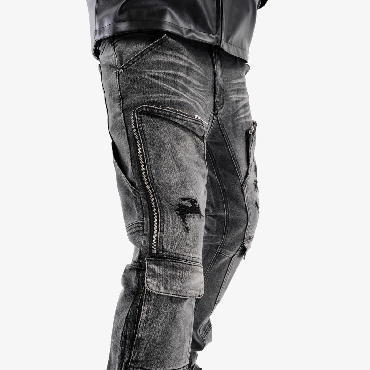 Copper Rivet Distressed Cargo Pants - Zippered
