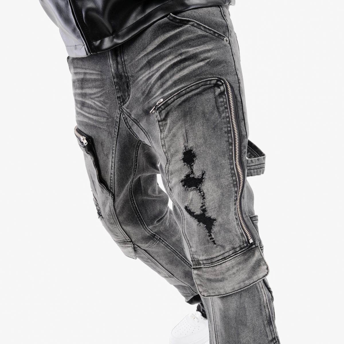 Copper Rivet Distressed Cargo Pants - Zippered