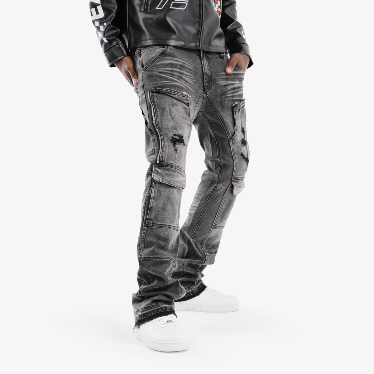Copper Rivet Distressed Cargo Pants - Zippered