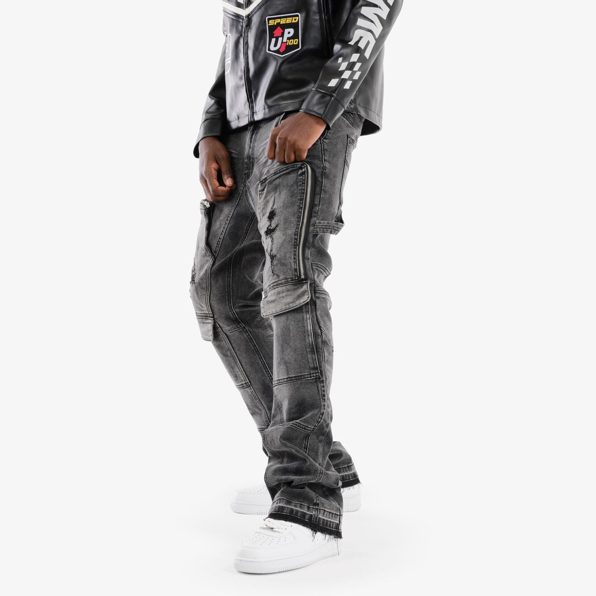 Copper Rivet Distressed Cargo Pants - Zippered