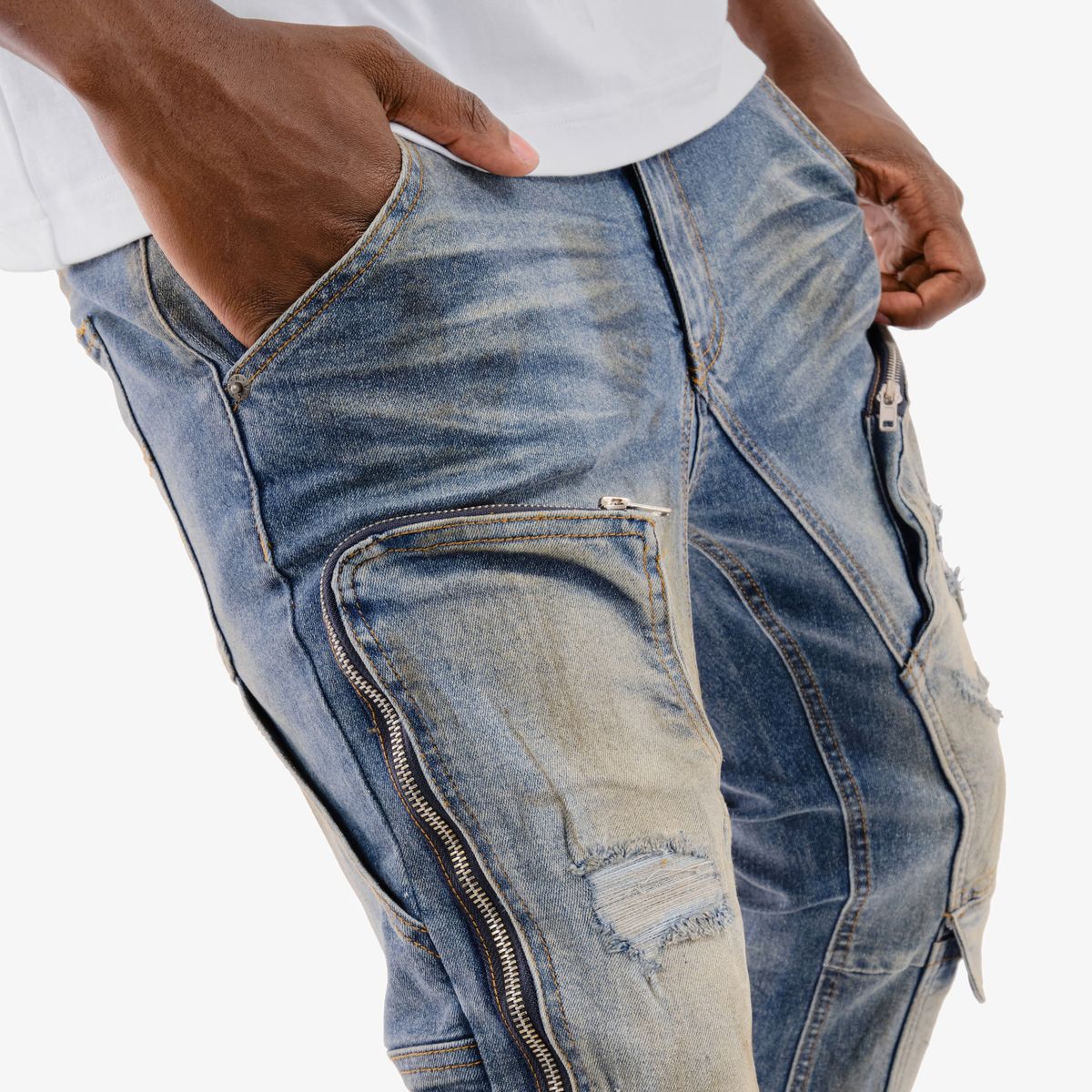 Copper Rivet Zipper Cargo Pants - Stacked