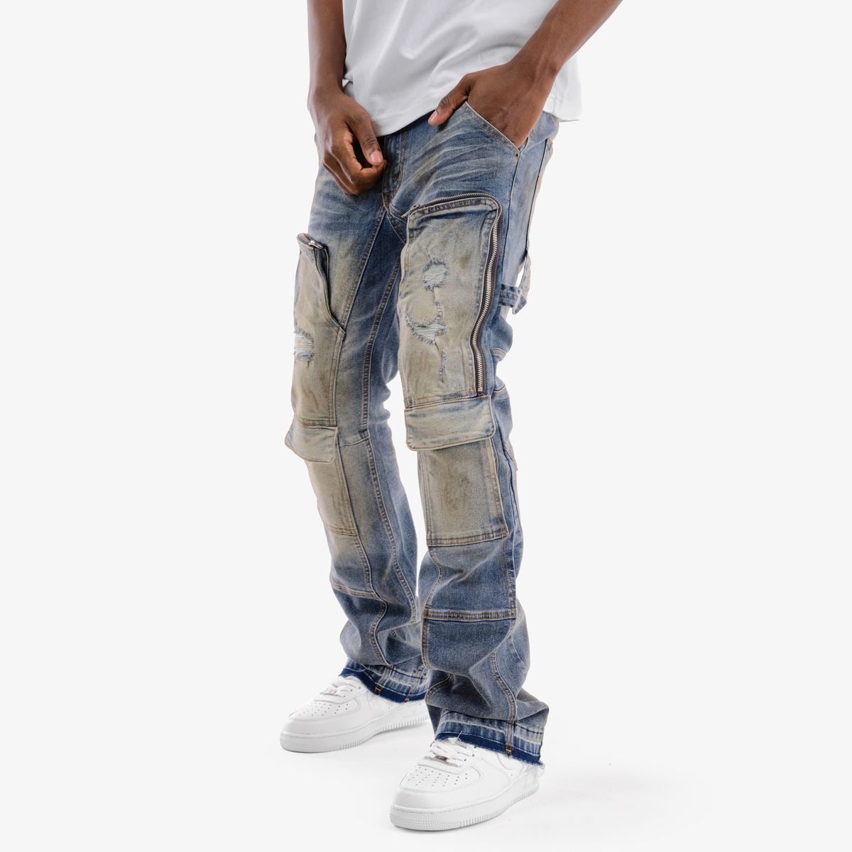 Copper Rivet Zipper Cargo Pants - Stacked