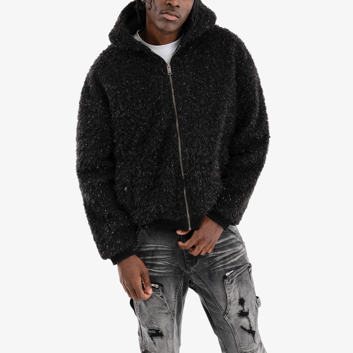 Copper Rivet Lurex Fur Hoodie Jkt