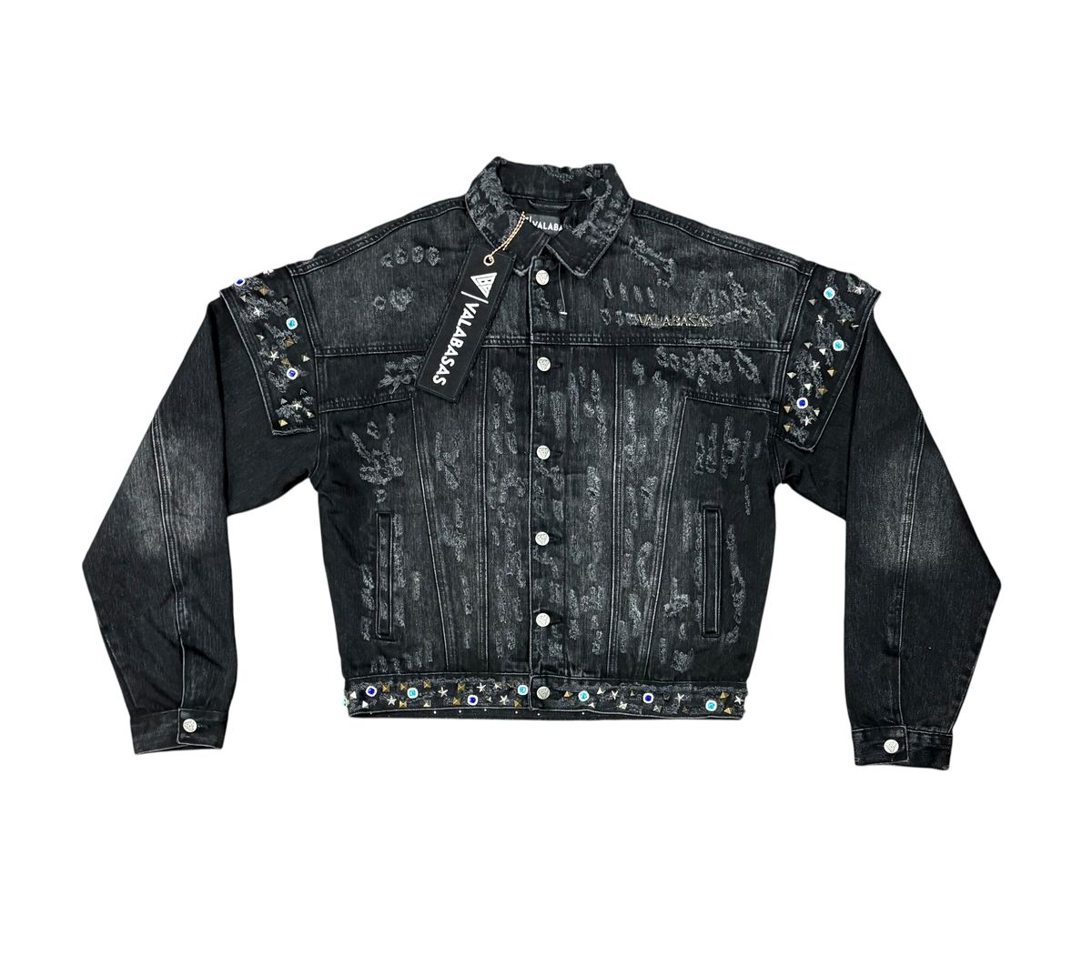 Valabasas Scavenge Distressed Black Denim Jacket with Embellishments