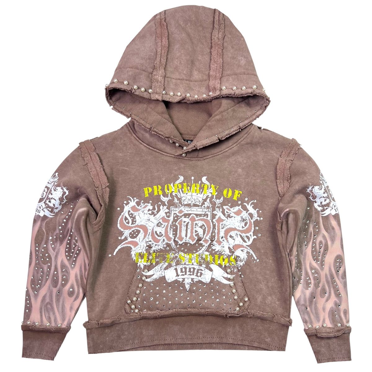 Elite Premium Saints Washed Rhinestone + Pearls Hoodie Kids