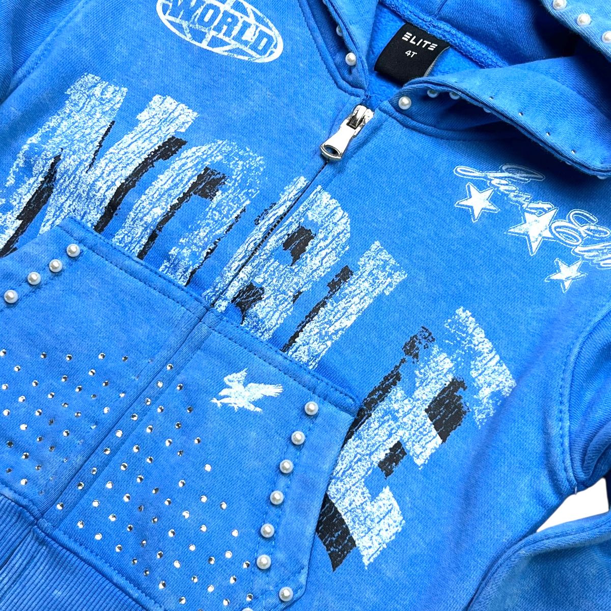 Noble White/Blue Washed Rhinestone Pearls Youth Zip-Up