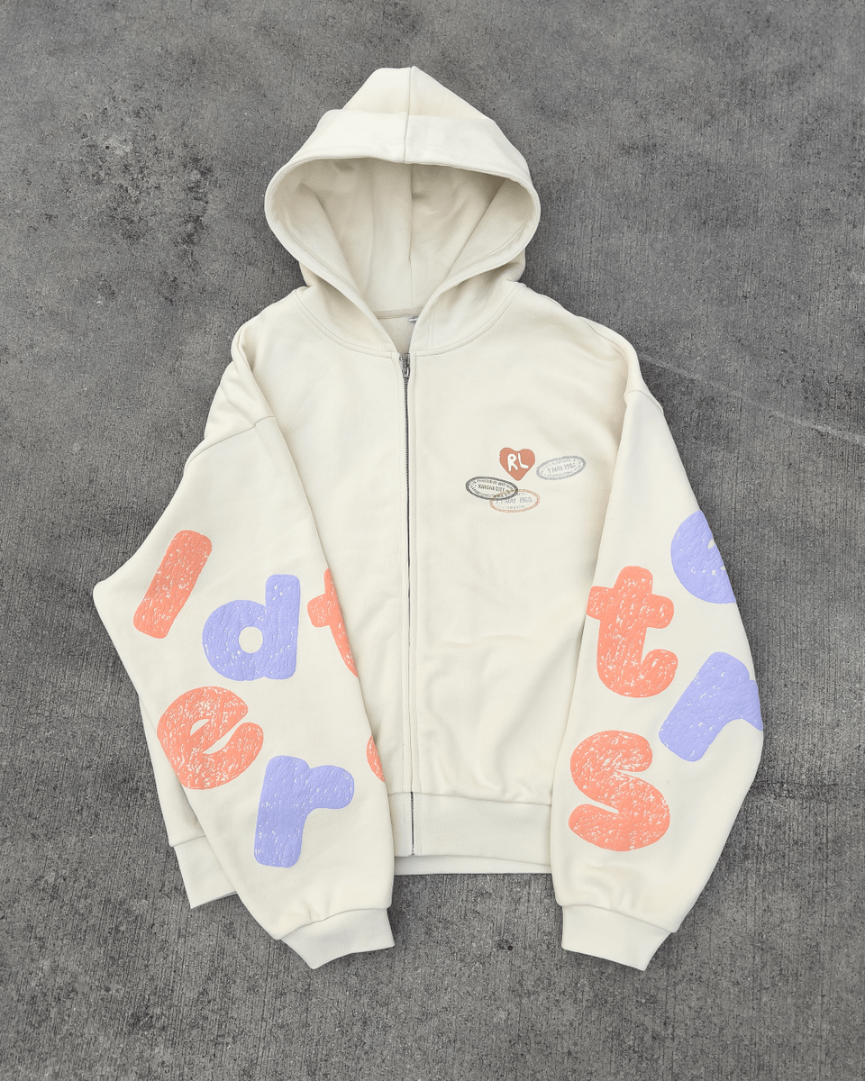 Red Letters Where U Are Scattered Zip Up Hoodie - Cream Color