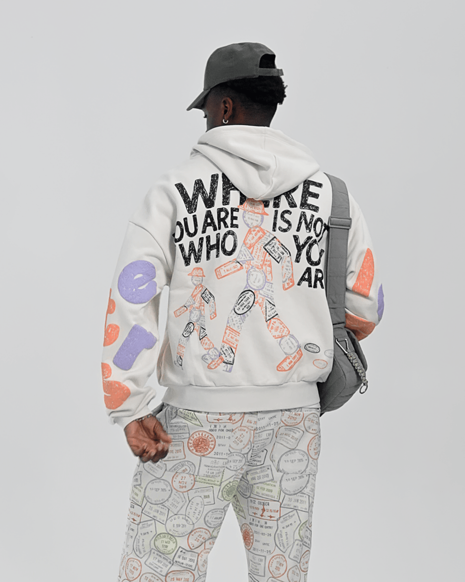 Red Letters Where U Are Scattered Zip Up Hoodie - Cream Color