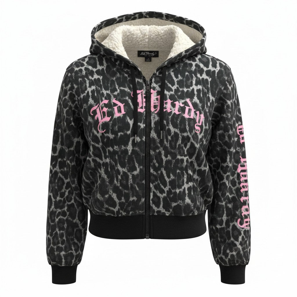 Ed Hardy Leopard Skull Hoodie - Sherpa Lined