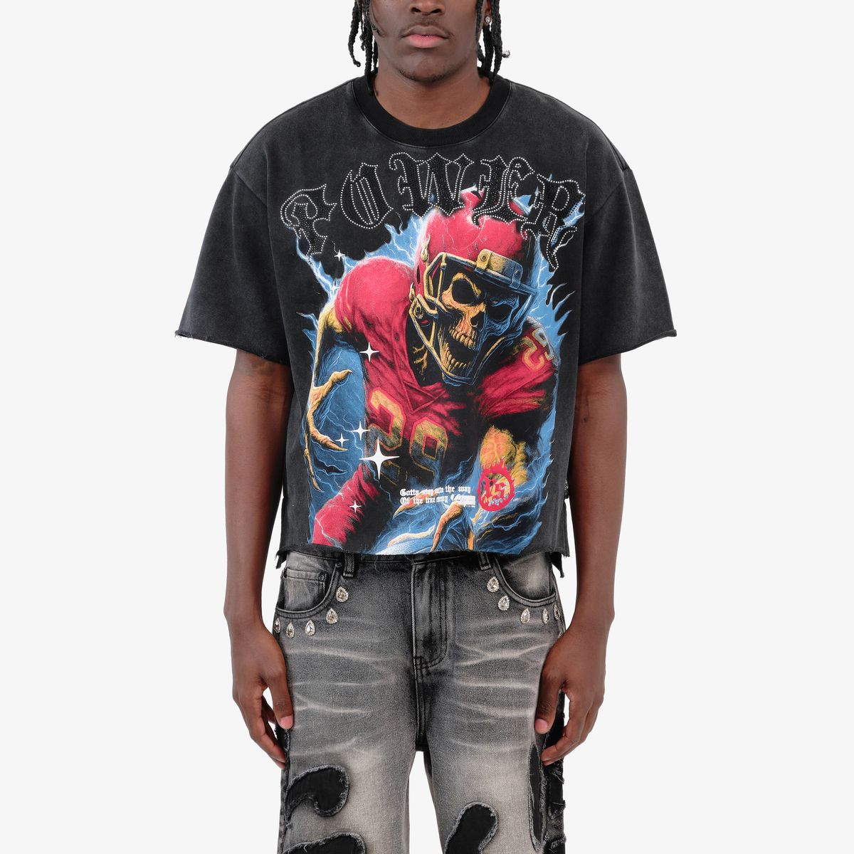 Copper Rivet Skull Football Tee - Raw Hem