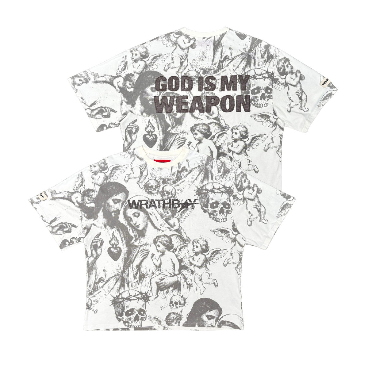 T-shirt with graphic design and text 'GOD IS MY WEAPON' on a white background