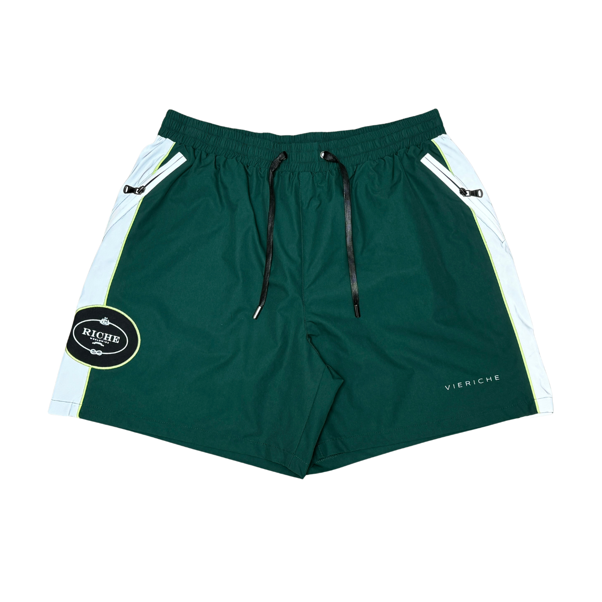 Green shorts with white accents and a visible brand logo on a white background