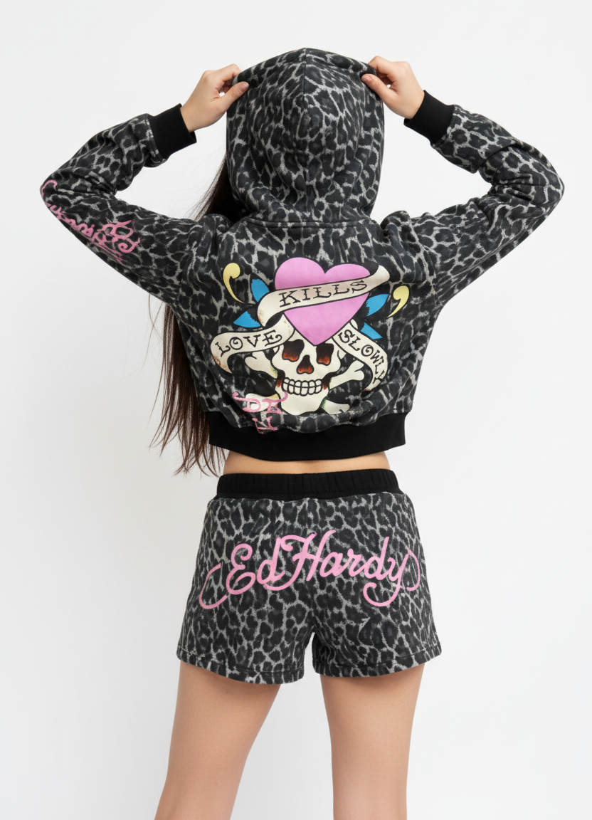 Ed Hardy Leopard Skull Hoodie - Sherpa Lined
