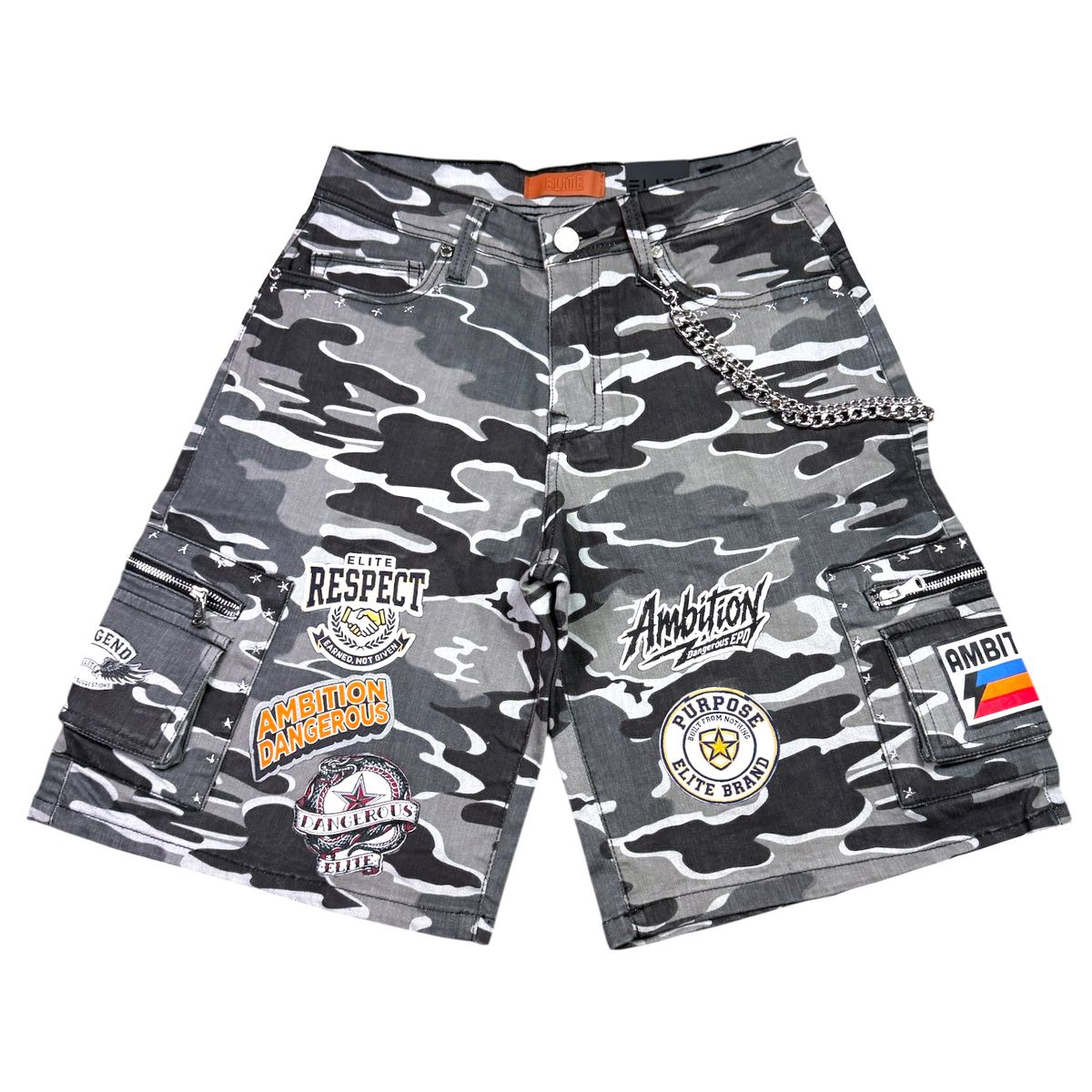 Elite Premium - Patch-work Embellished Denim Shorts Night Camo