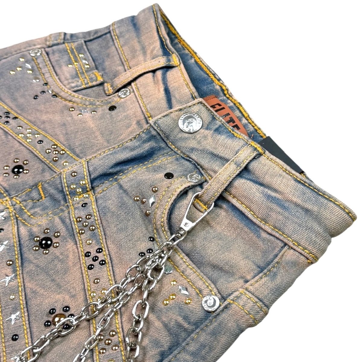 Elite Premium - Pyramids Embellished Denim Shorts Vintage Wash