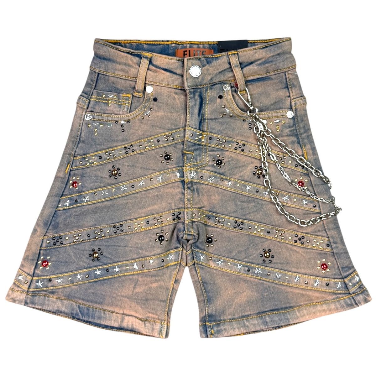 Elite Premium - Pyramids Embellished Denim Shorts Vintage Wash