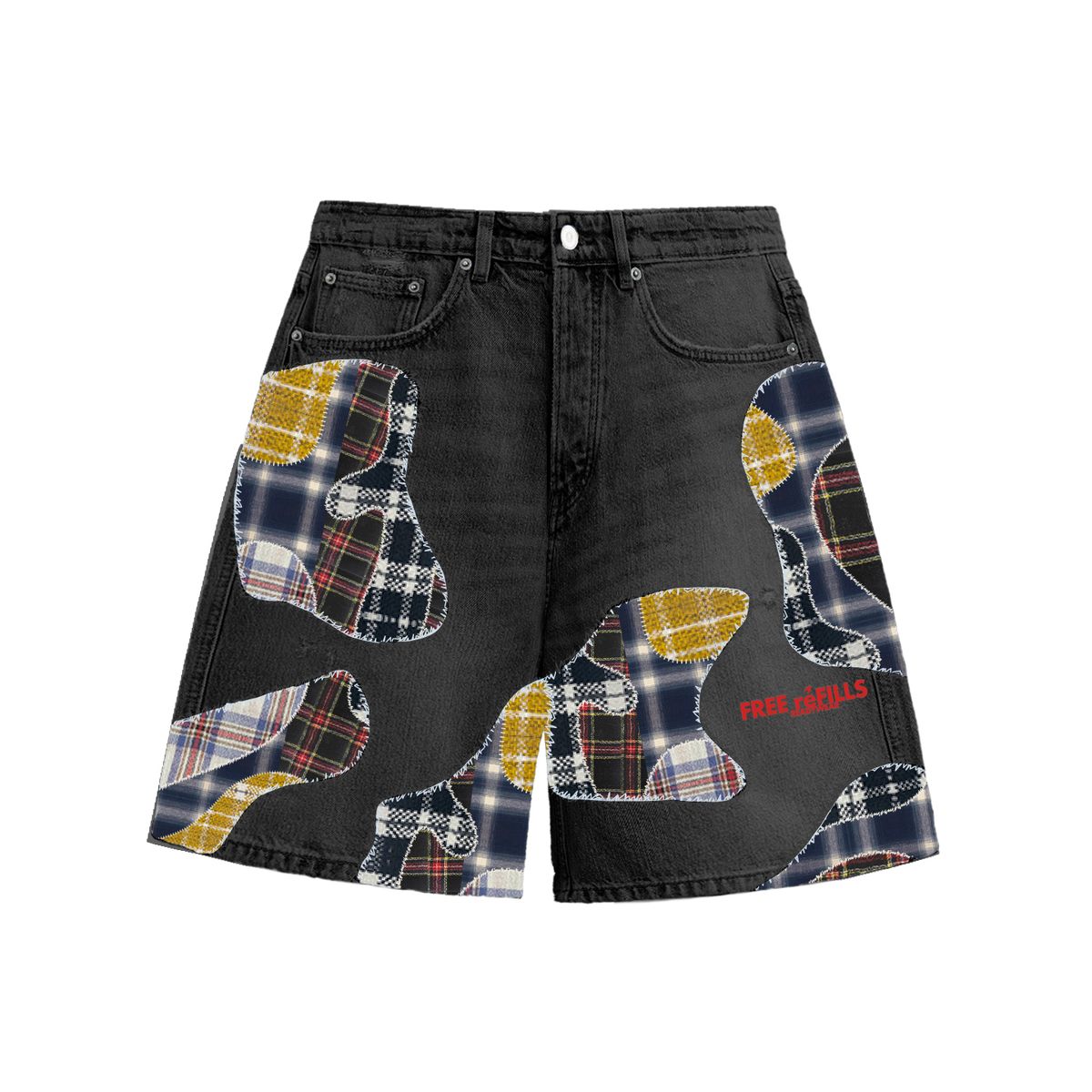 Free Refills Plaid Patch Shorts - Relaxed Fit Black