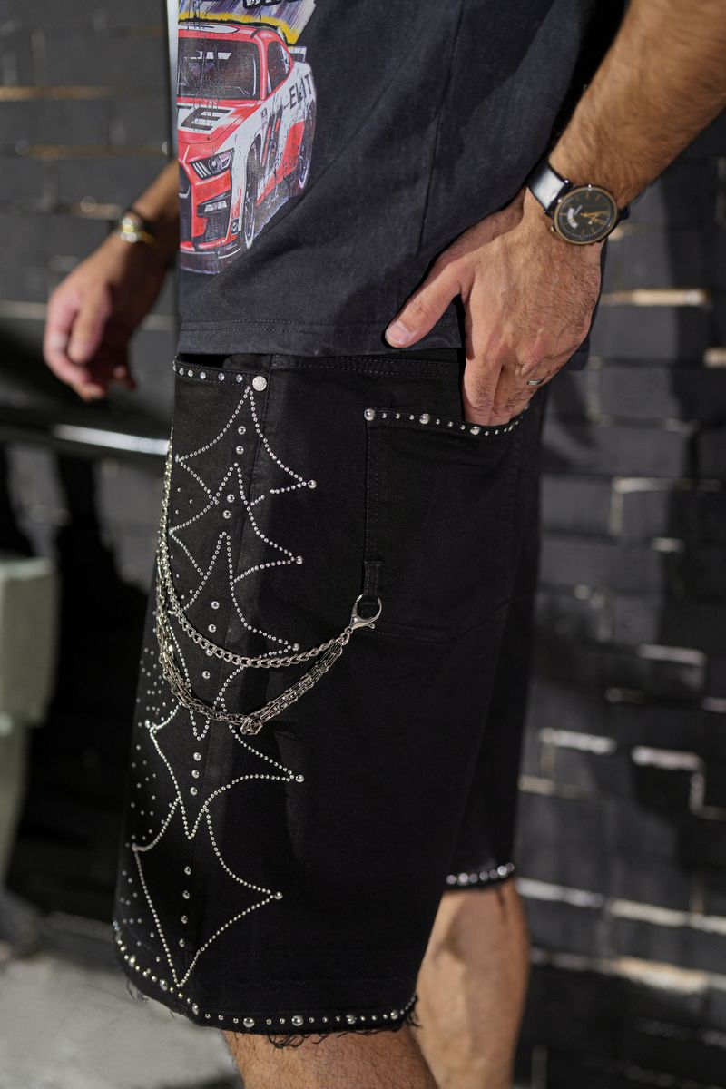 Elite Premium - Moon Phase Embellished Men's Denim Shorts – Jet Black