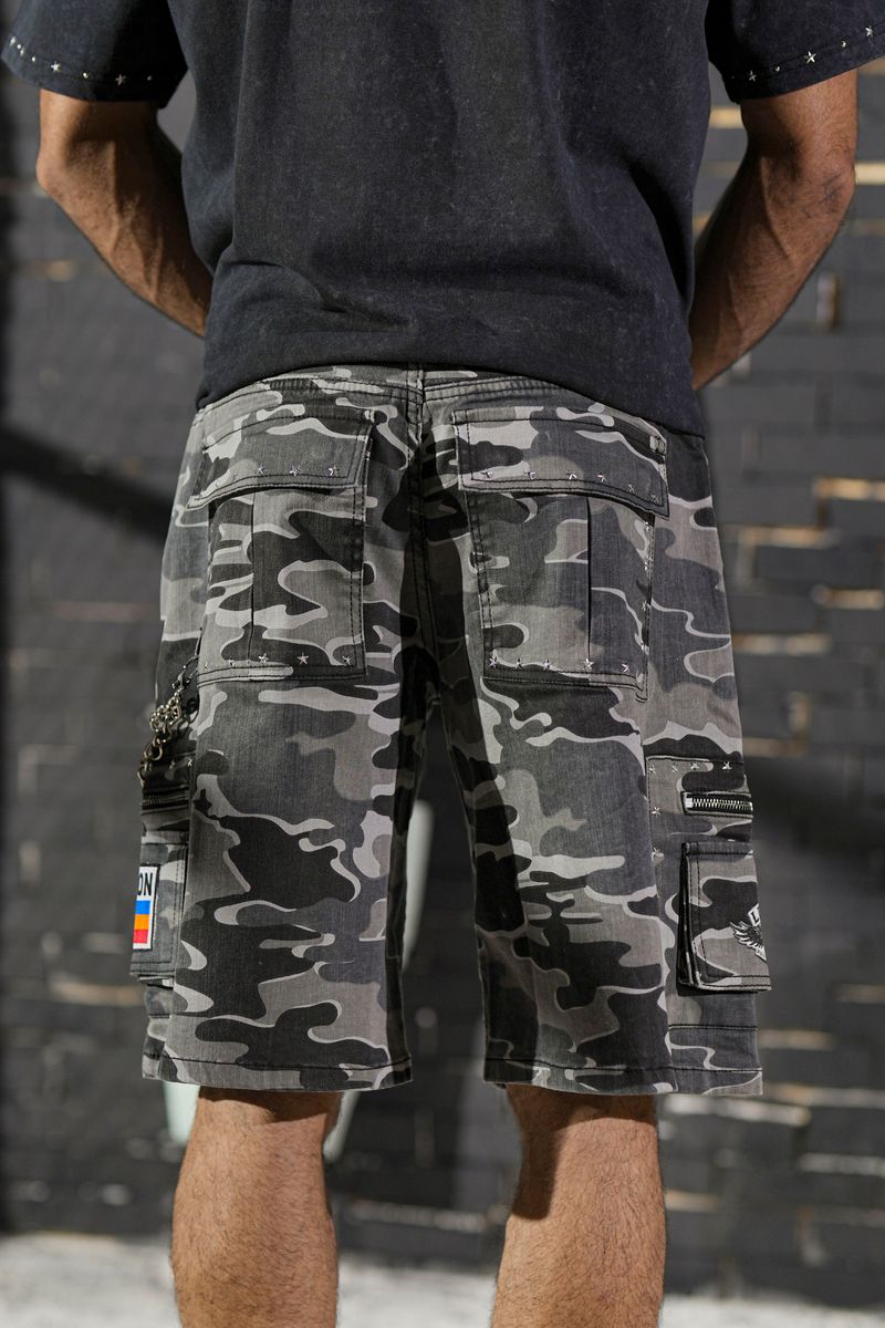 Elite Premium - Patch-work Embellished Denim Shorts Night Camo