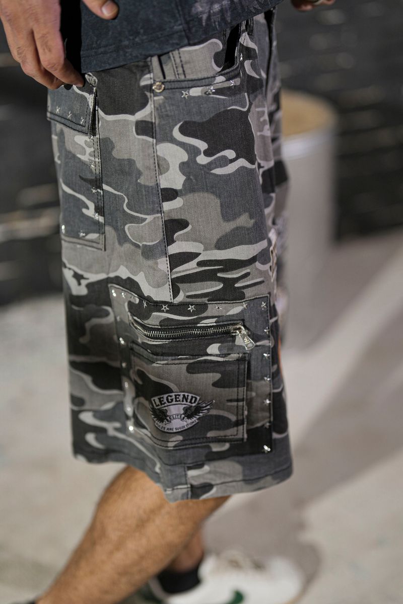 Elite Premium - Patch-work Embellished Denim Shorts Night Camo