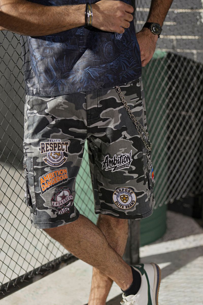 Elite Premium - Patch-work Embellished Denim Shorts Night Camo