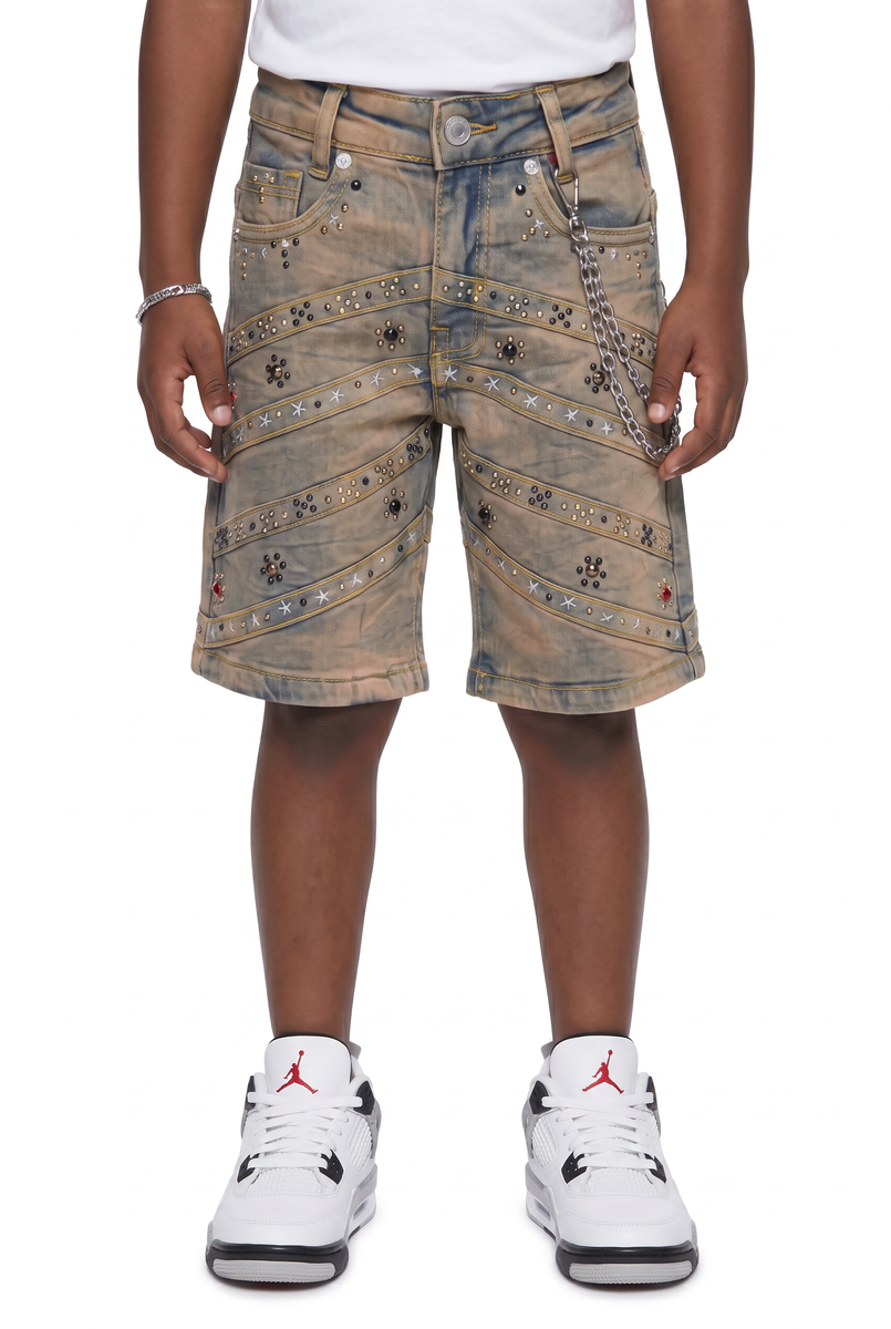Elite Premium - Pyramids Embellished Denim Shorts Vintage Wash