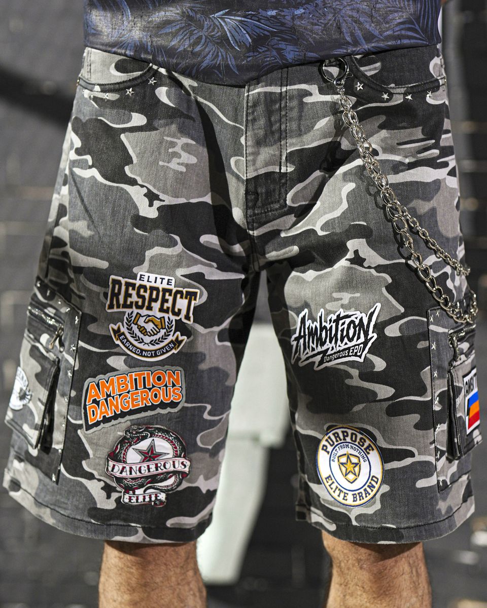 Elite Premium - Patch-work Embellished Denim Shorts Night Camo