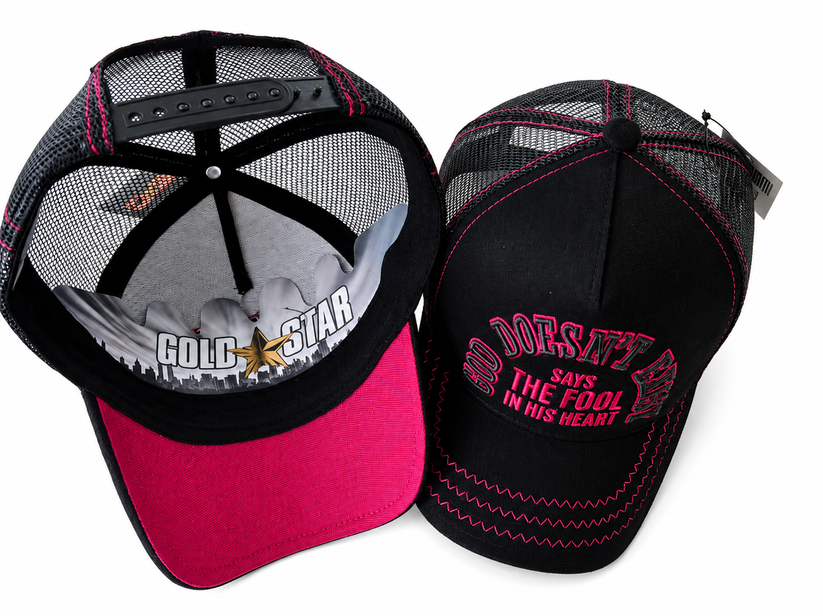 Gold Star God Doesn't Exist Trucker Hat – Black/Pink