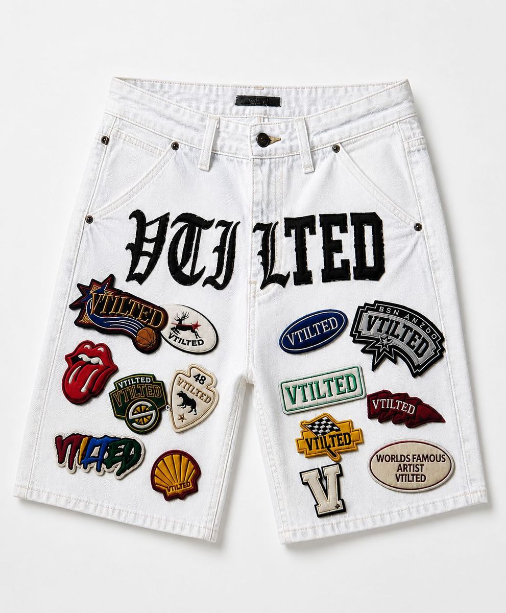 Vtilited Patchwork Shorts - Embroidered White