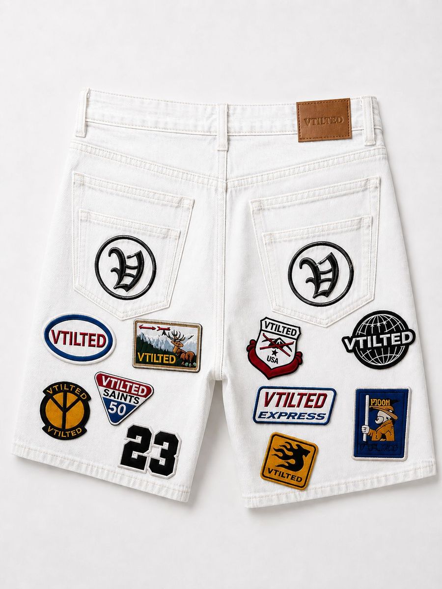 Vtilited Patchwork Shorts - Embroidered White