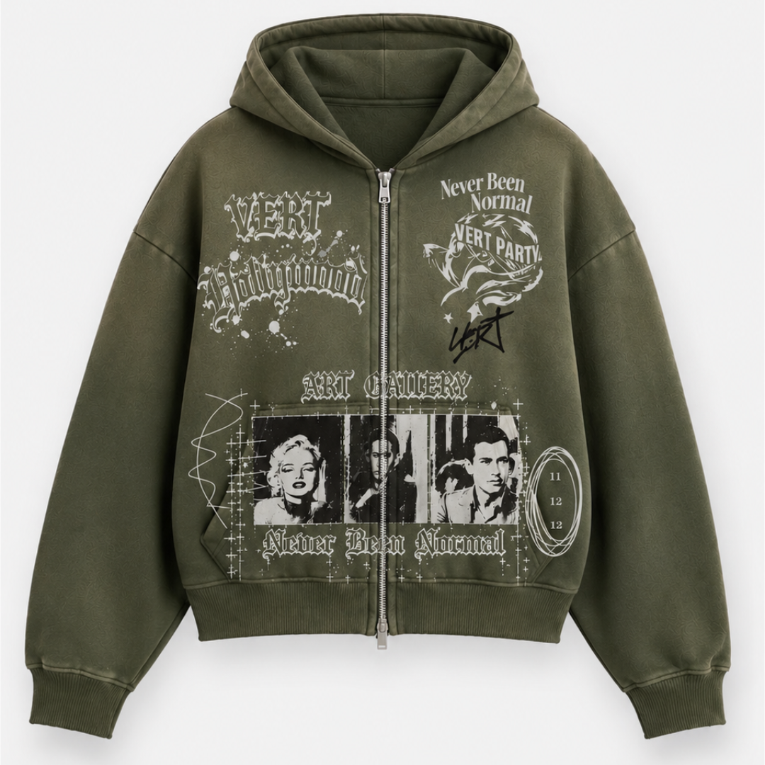 RETROVERT Vert Party Olive Distressed Zip-Up Hoodie