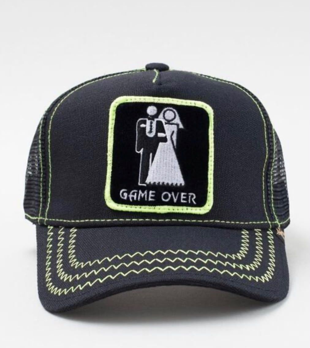 Gold Star Style Game Over Trucker Hat – Black with Neon Green Stitching