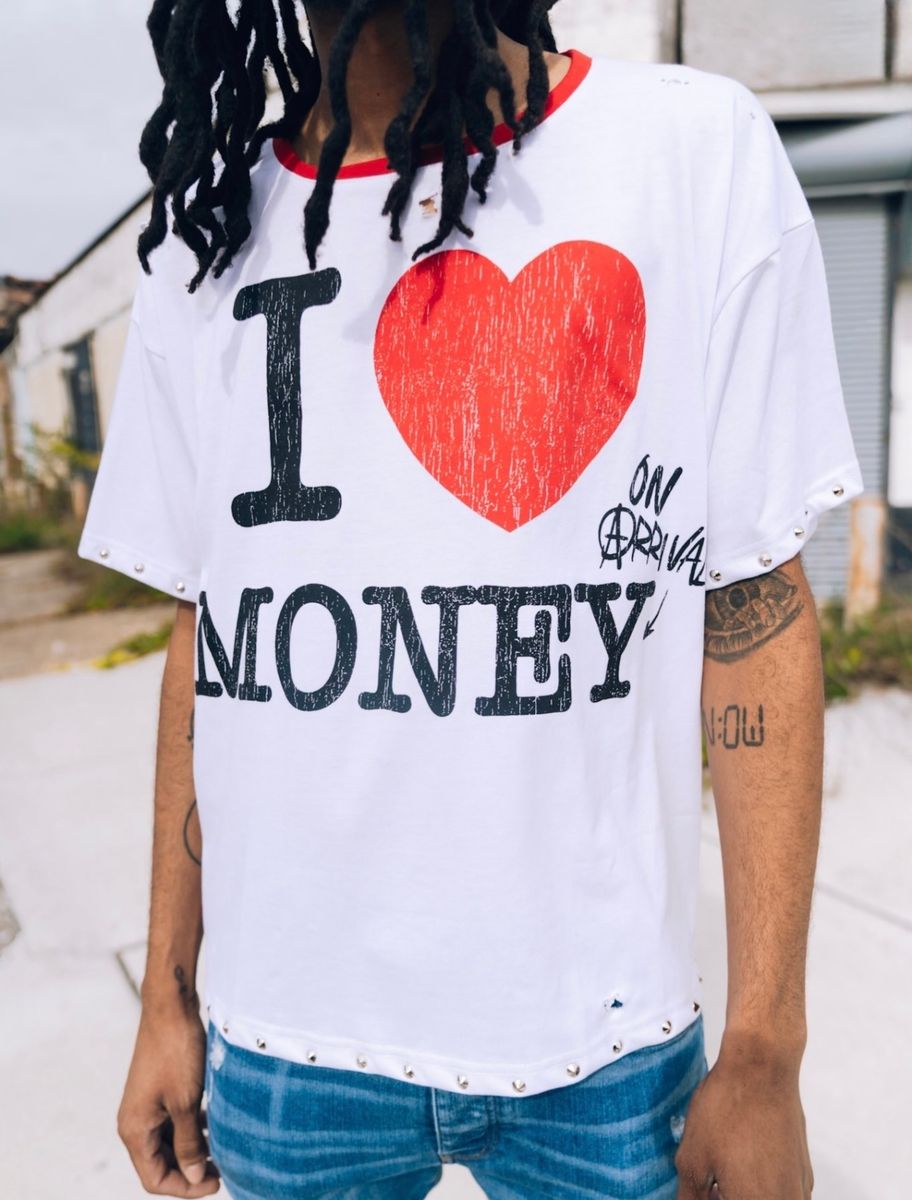 Arrival Worldwide I Love Money Graphic Studded T-Shirt – White/Red