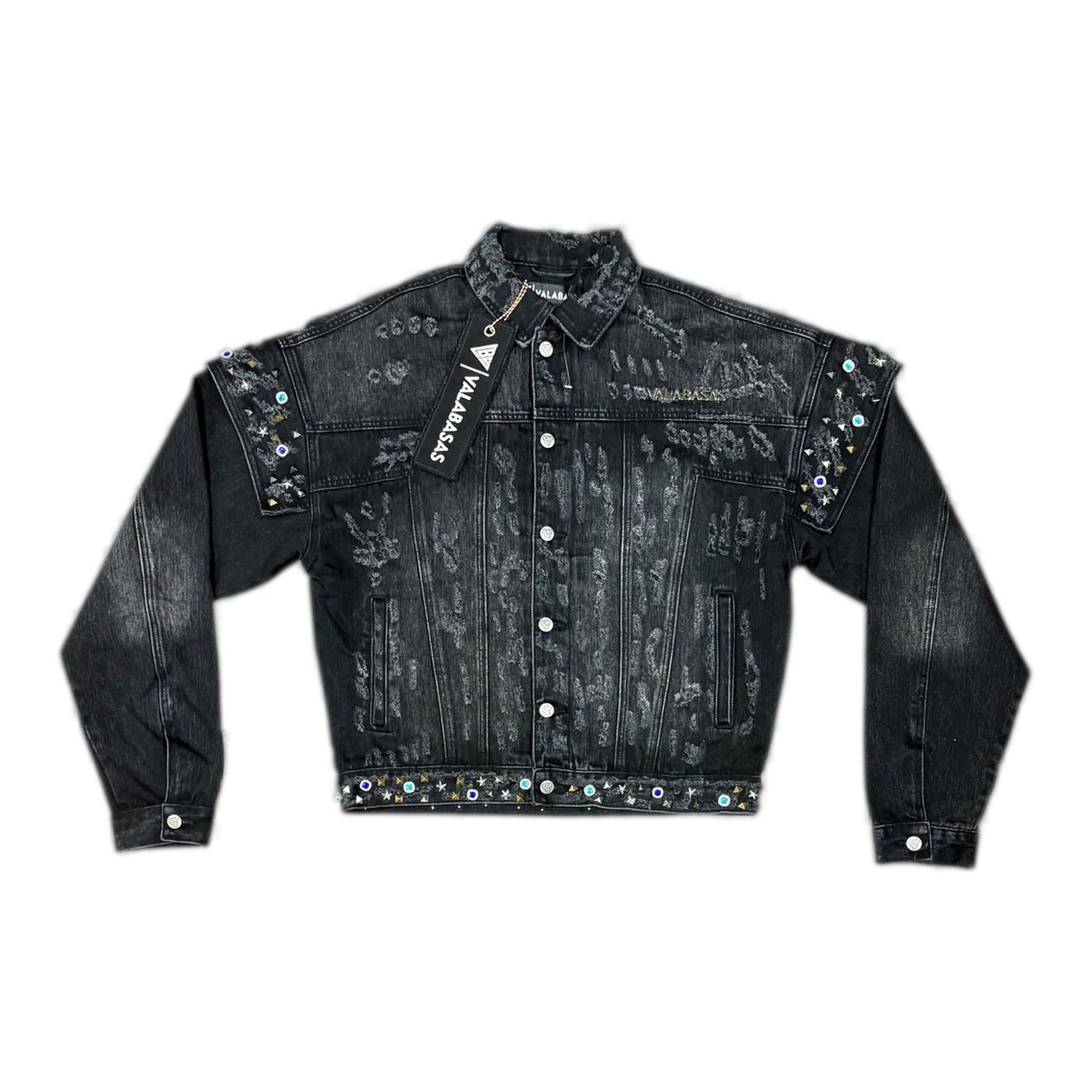 Valabasas Scavenge Distressed Black Denim Jacket with Embellishments