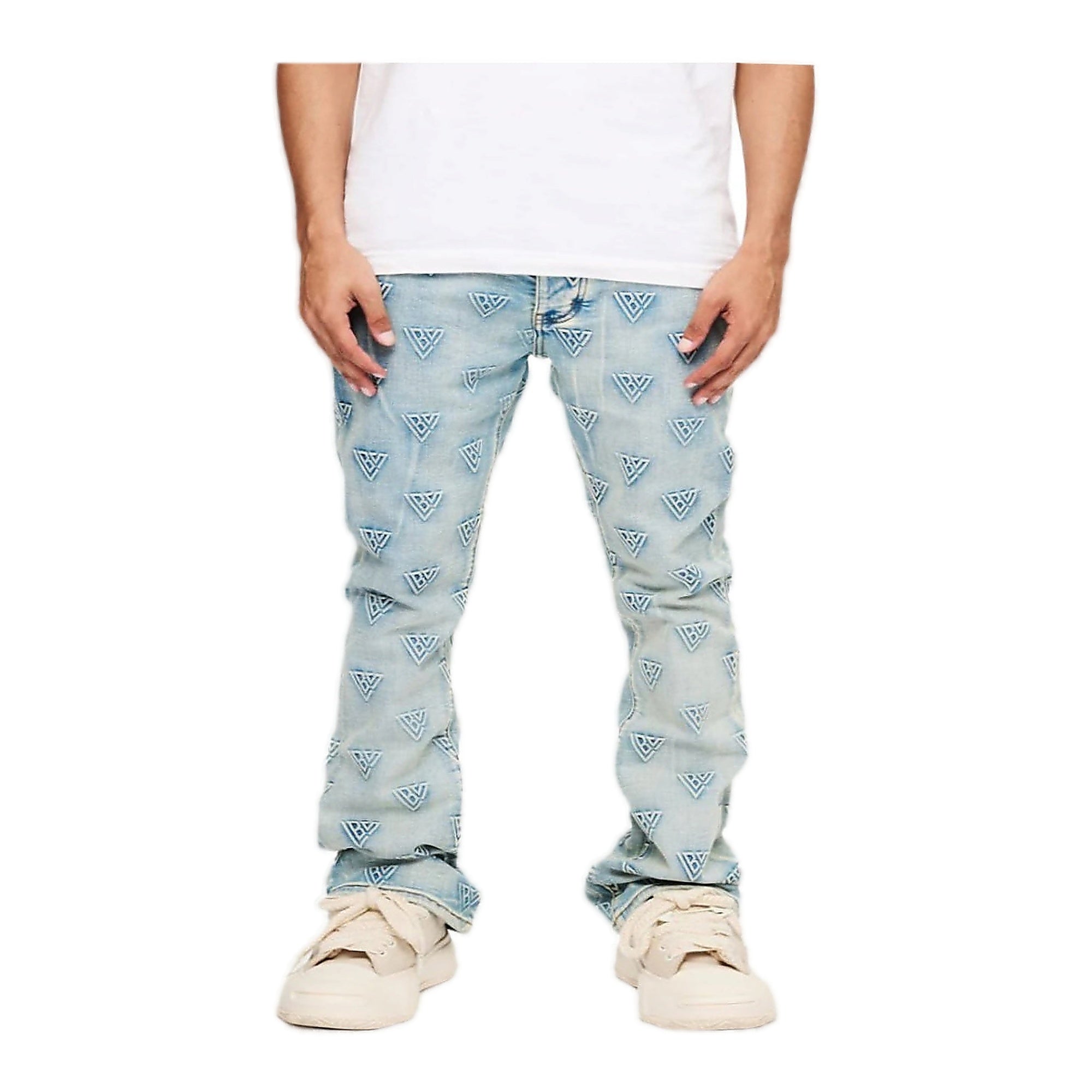 Tagged Stacked Flare Jean Blue Washed