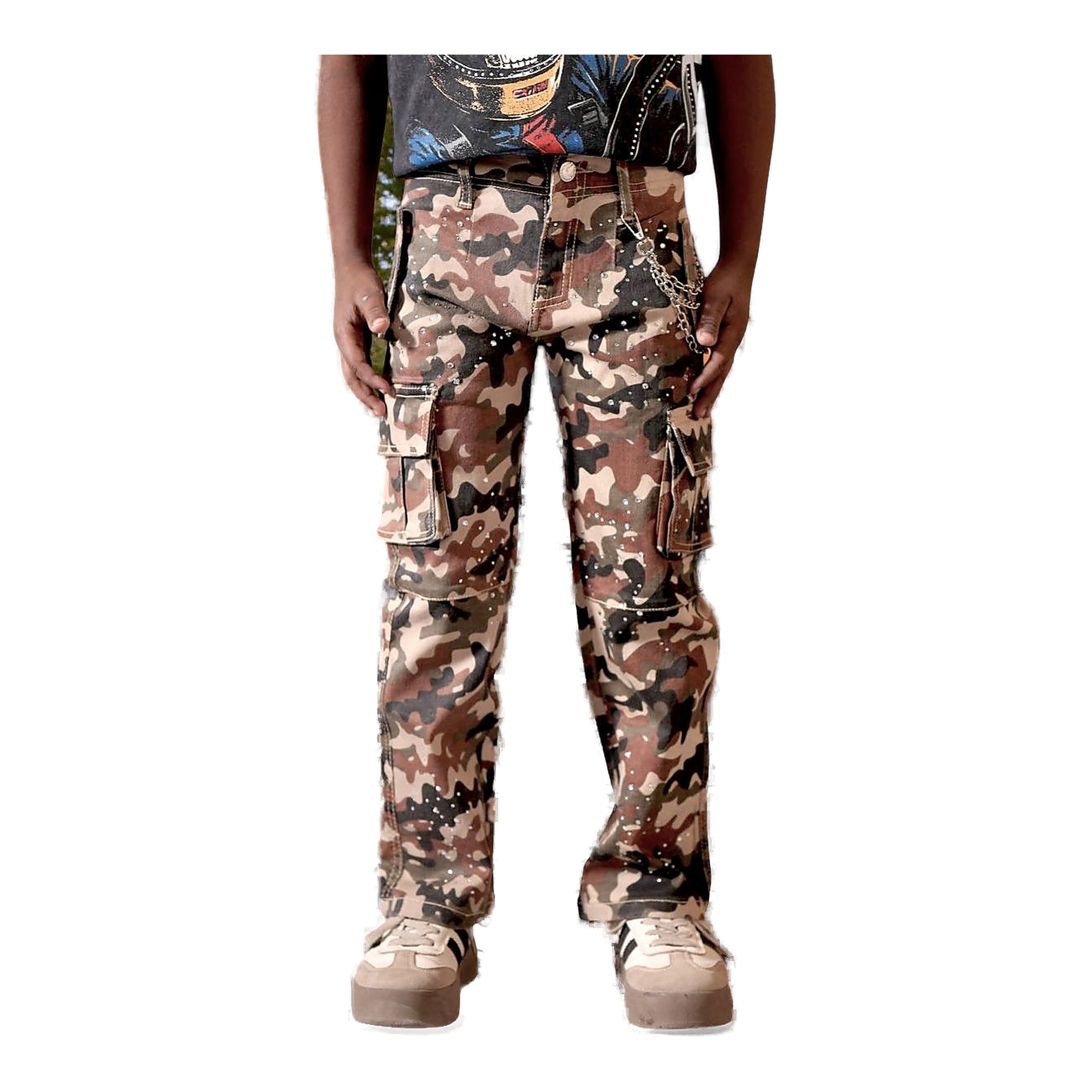 ELITE PREMIUM Cuban Link Chain Cargo Pants Youth - Camouflage Feature