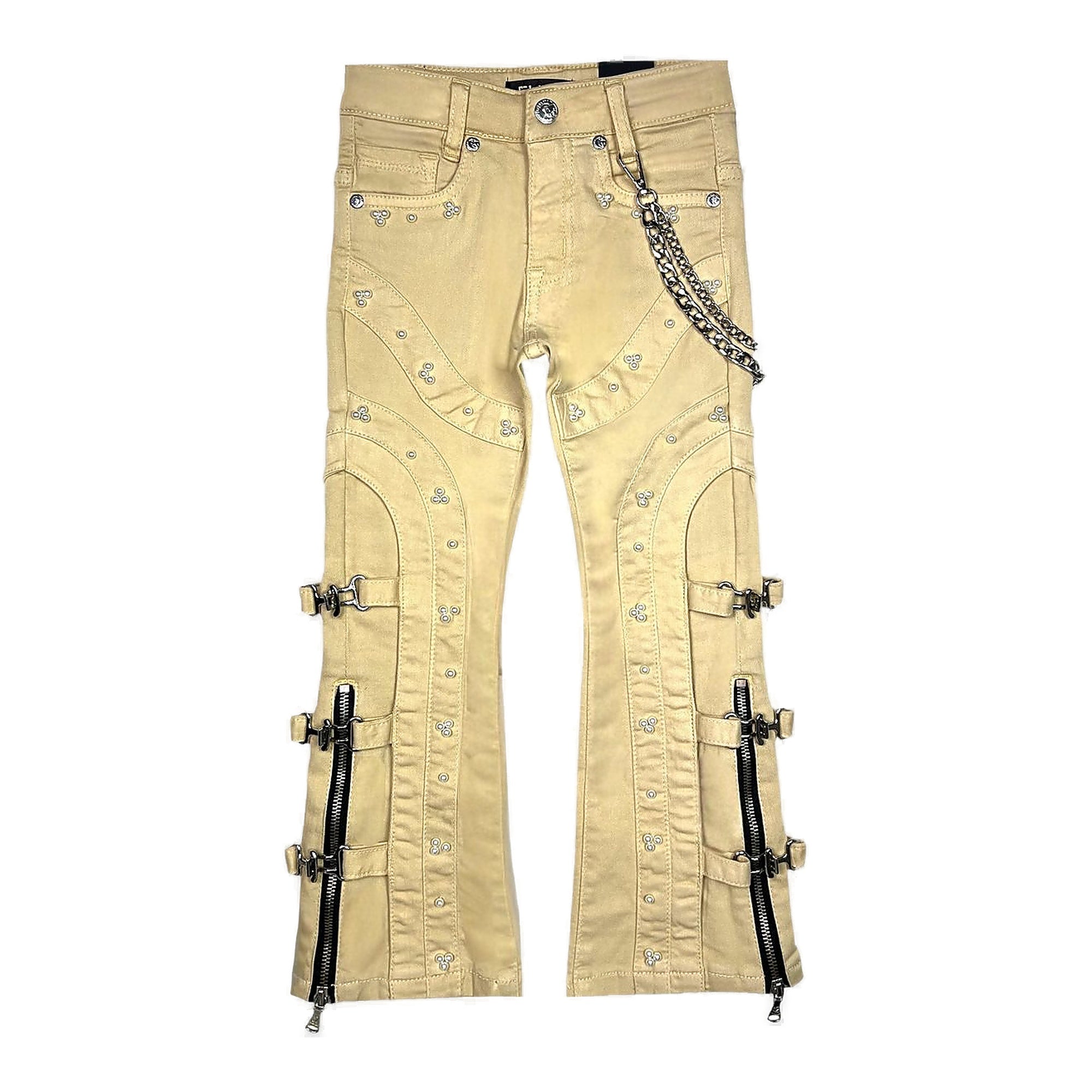 Elite Premium Pearls Buckles Kids Jeans - Beige