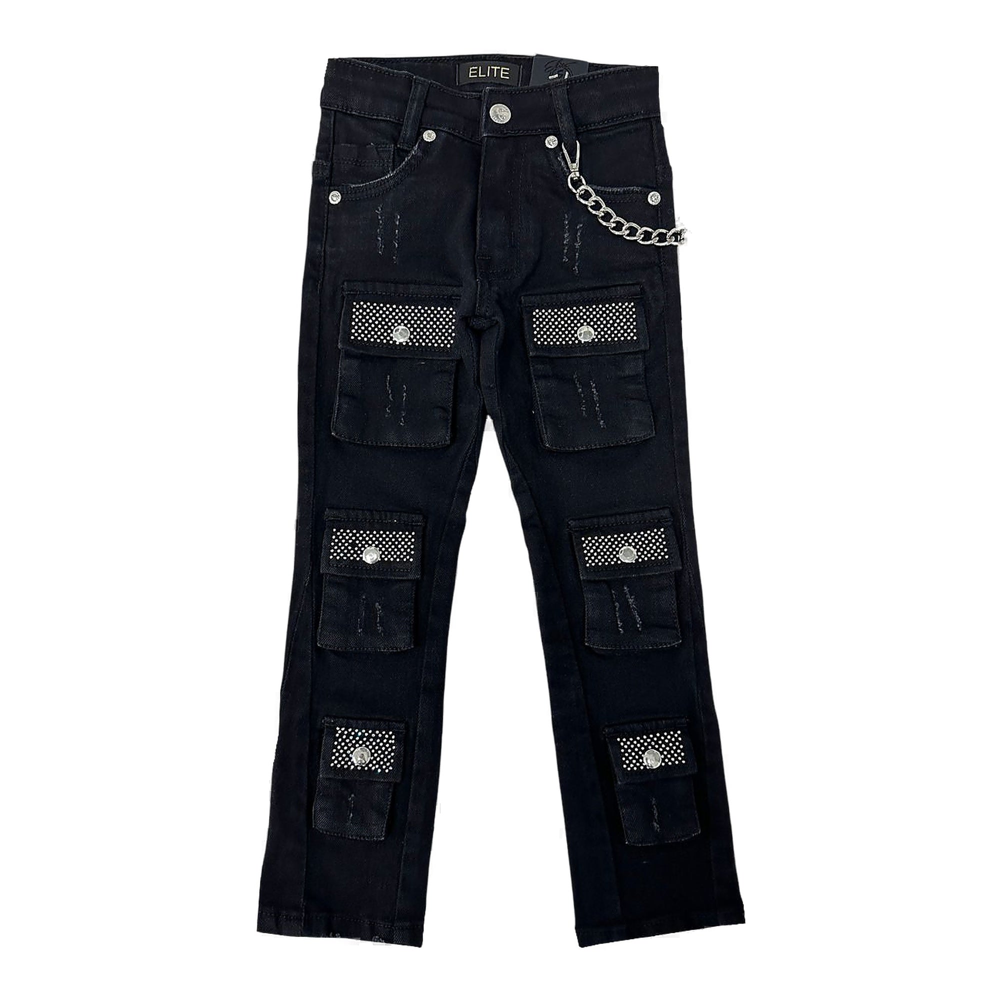 Elite Premium Rhinestone Youth Stacked Cargo Jeans - Black