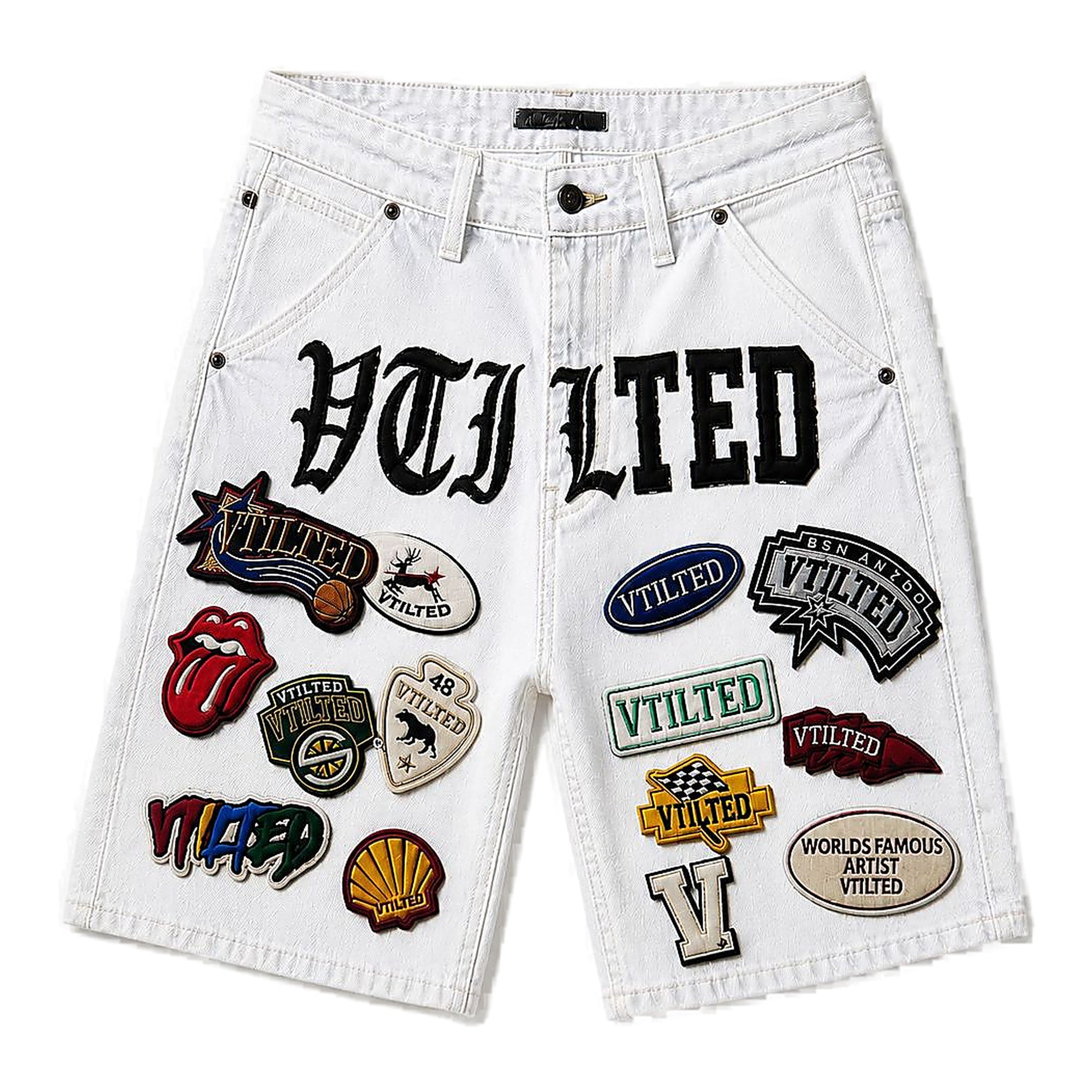 Vtilited Patchwork Shorts - Embroidered White